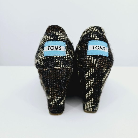 Toms Stella Tweed Peep Toe Wedges 6 Black Brown Cream Slip On Boucle Houndstooth - Picture 6 of 13